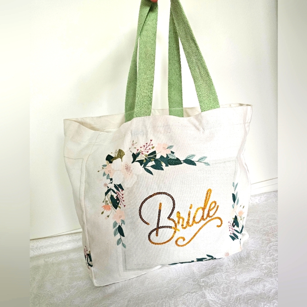 Sequined Bride Bag with green and white floral design